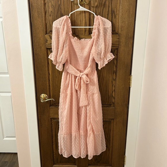 Elegant Pink Puff Sleeve Midi Dress Medium - Picture 4 of 7